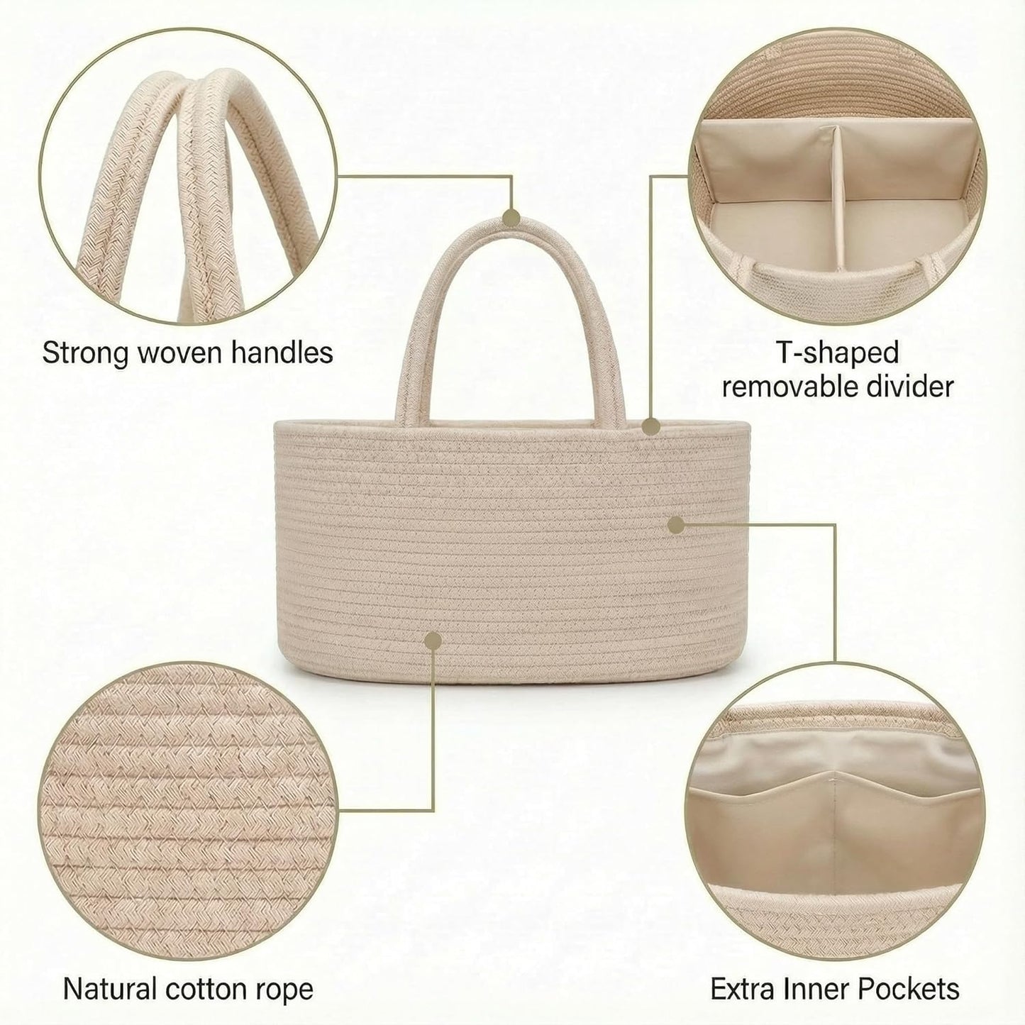 luxury little Diaper Caddy Organizer, Large Cotton Rope Nursery Baby Basket, Changing Table Organizer for Baby Diaper Storage, Portable Car Organizer Removable Divider (Off White, Large)