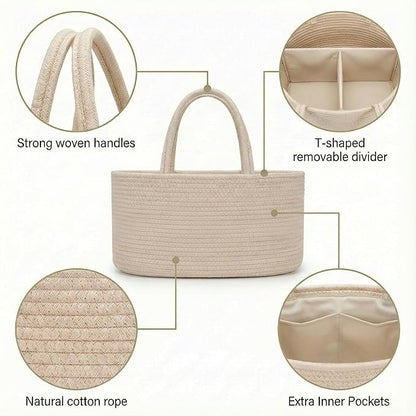 luxury little Diaper Caddy Organizer, Large Cotton Rope Nursery Baby Basket, Changing Table Organizer for Baby Diaper Storage, Portable Car Organizer Removable Divider (Oatmeal, Extra Large)
