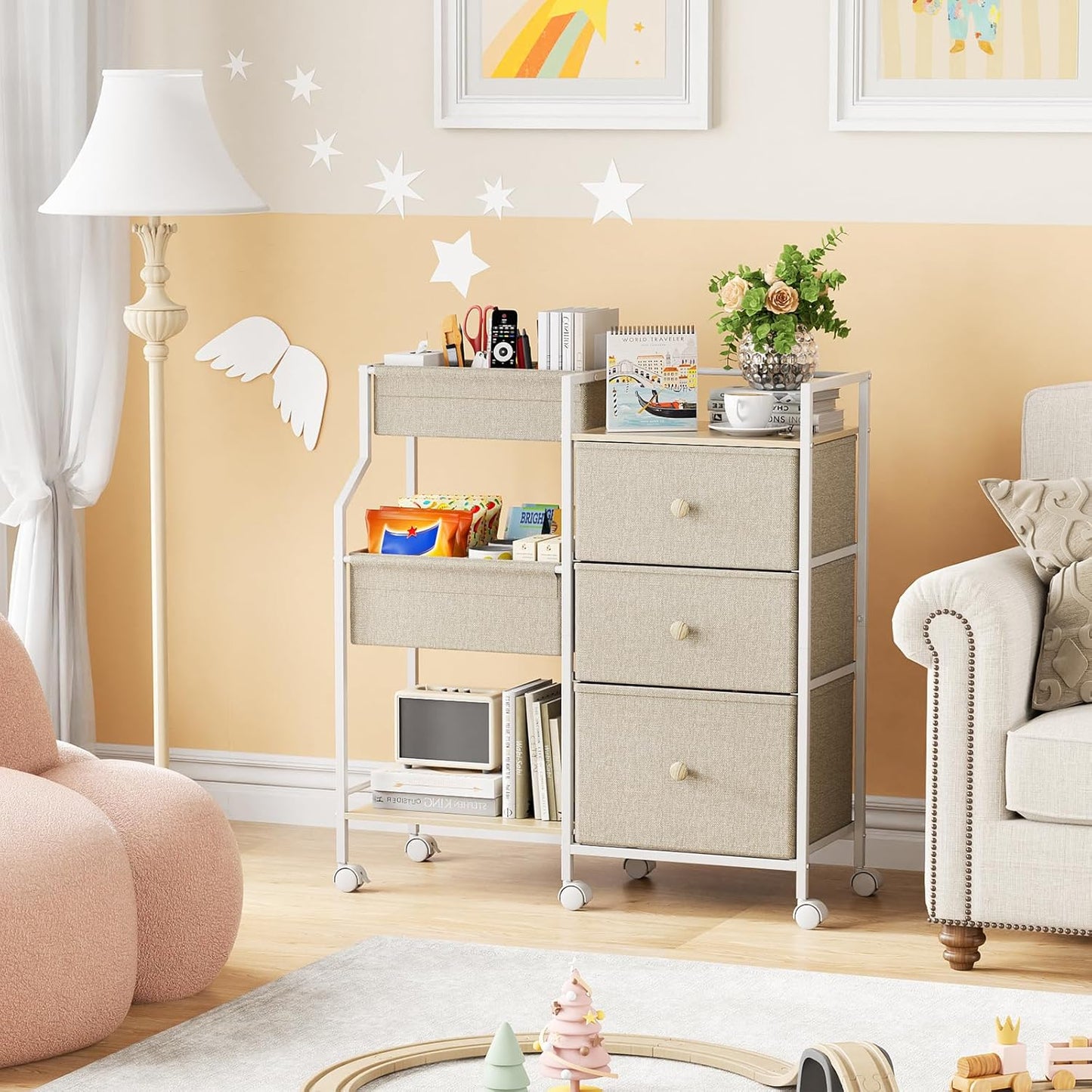 Modanais Baby Diaper Caddy Organizer Cart - 3 Tier Rolling Cart with Dividers and Drawers, Easy To Assemble, Mobile Utility Cart with Wheels for Nursery, Bedroom, Changing Table & Crib
