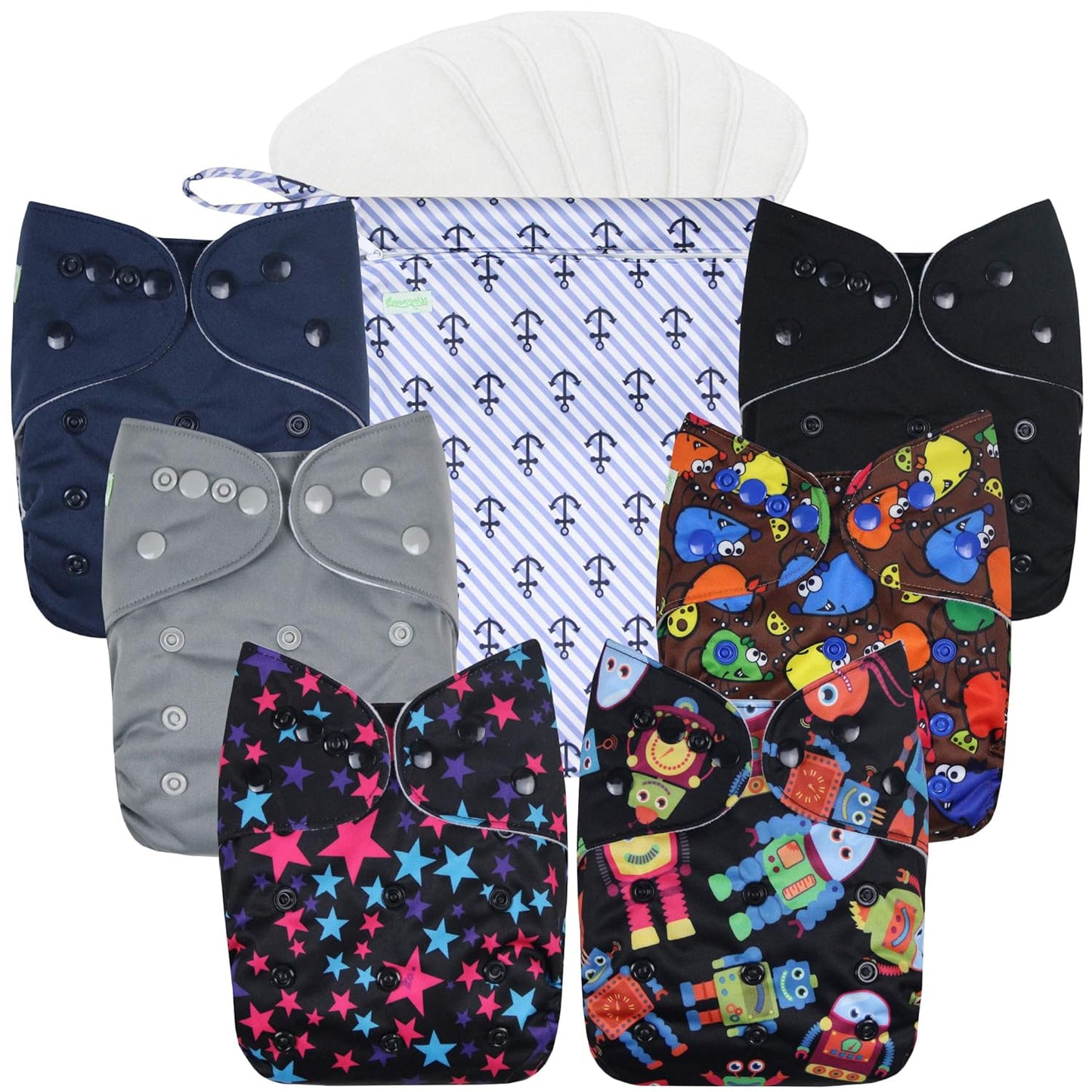 wegreeco Cloth Diapers 6 Pack with 6 Inserts & 1 Wet Bag, Washable Cloth Diapers for Babies, One Size Adjustable Reusable (Flower)