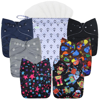 wegreeco Cloth Diapers 6 Pack with 6 Inserts & 1 Wet Bag, Washable Cloth Diapers for Babies, One Size Adjustable Reusable (Flower)