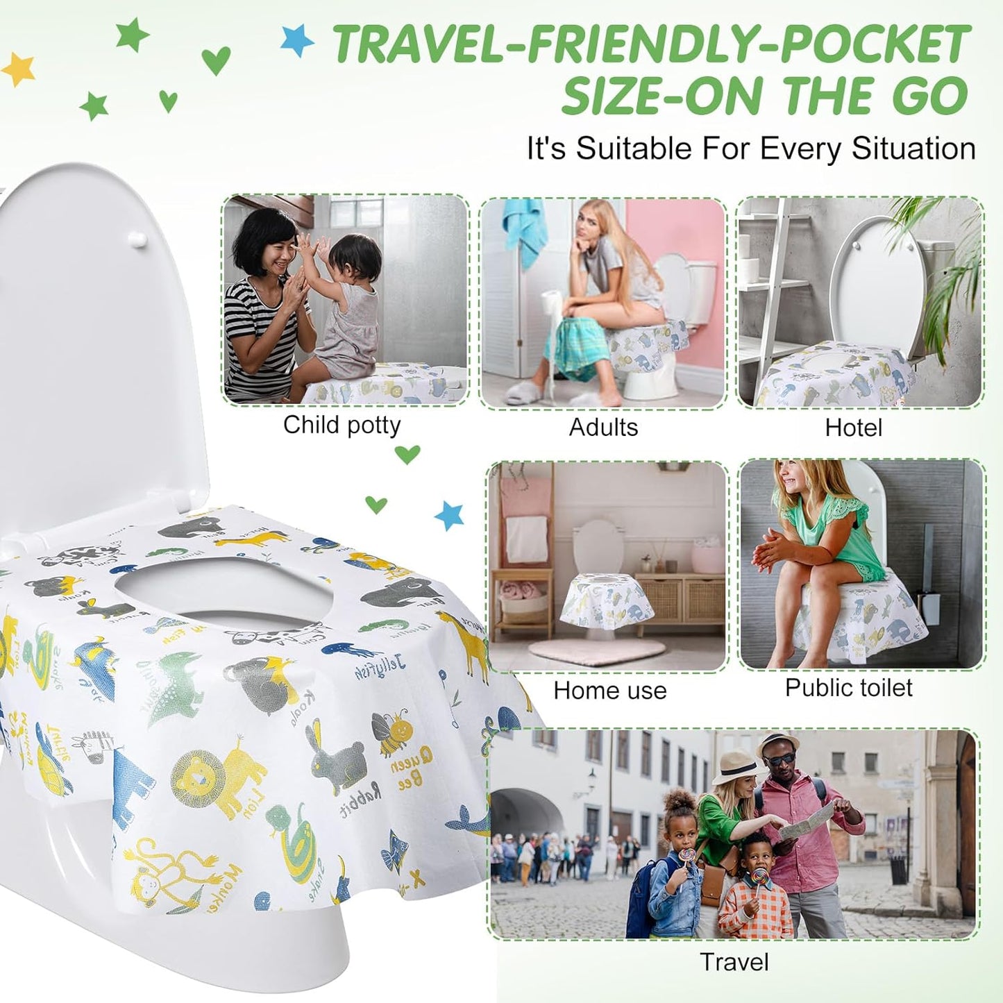 50 Packs Disposable Toilet Seat Covers Extra Large Individually Wrapped for Kids and Adults, Portable Non Slip Waterproof Potty Seat Covers for Toddlers Potty Training, Travel (Rainbow)
