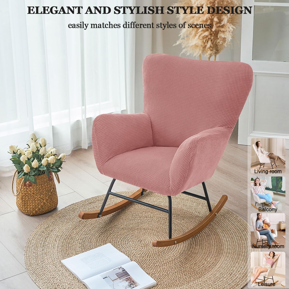 Levoberg Nursery Rocking Chair Cover Stretch Rocker Glider Chairs Cover Slipcovers Jacquard Rocking Accent Chair Cover Recliner Armchair Slipcover for Nursery Living Room Bedroom Office Black