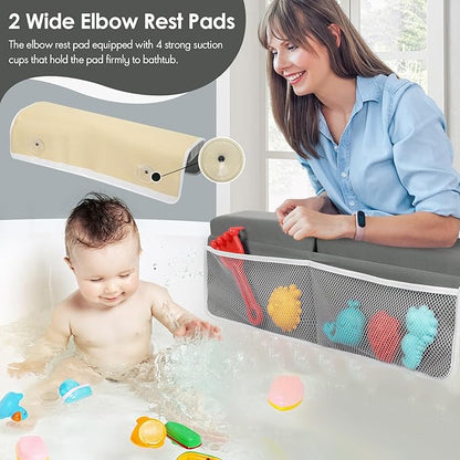 Bath Kneeler and Elbow Rest Pad Set - 2-Inch Thick Comfortable Baby Bath Kneeler Pads, Quick-Dry Non-Slip Bathtub Mat with Toy Organizer for Knee & Arm Support for Baby Bath Time
