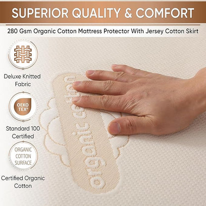 Deluxe Organic Crib Mattress Protector Pad – Waterproof & Breathable Organic Cotton Cover for Baby & Toddler Beds – Premium 280 GSM Knitted Jacquard, Soft Jersey Skirt