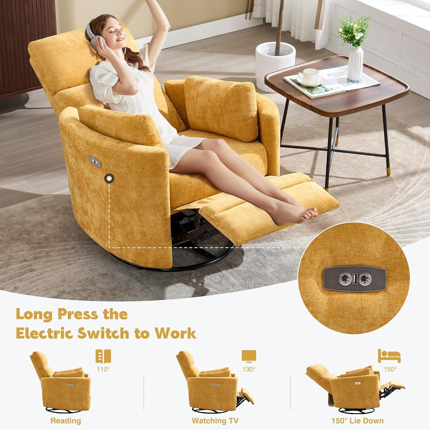 Power Recliner,Nursery Swivel Glider Rocking Chair with USB Port,Upholstered Adult Electric Recliner Rocking Chair with 2 Pillows for Living Room Bedroom (Beige Corduroy, Power-Driven)