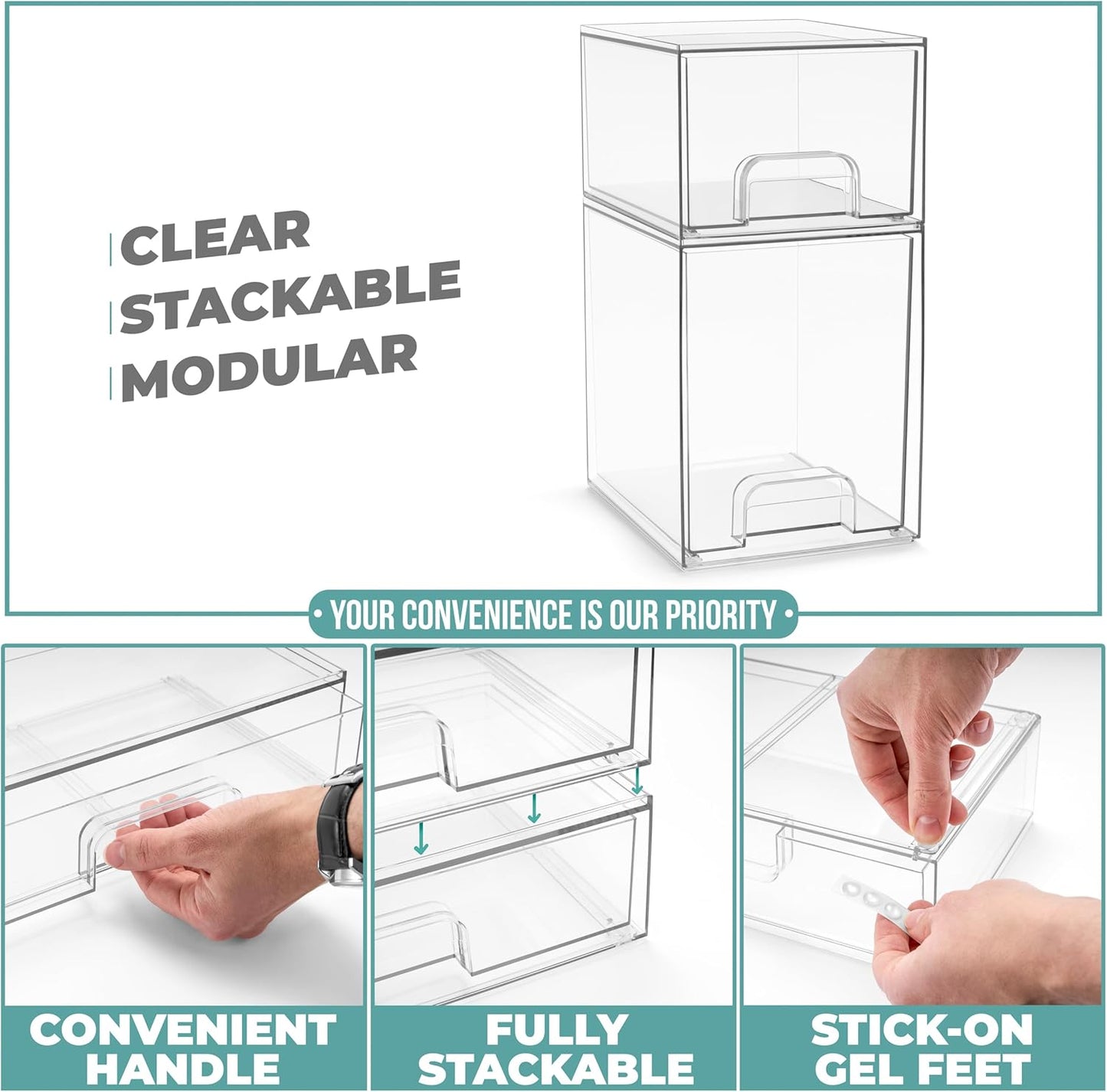 Sorbus Stackable Acrylic Storage Drawers – 2 Small + 2 Tall + 1 Wide – 5 Pack Clear Plastic Organizer Bins for Baby Bottles, Makeup, Bathroom & Vanity, Pull-Out Drawer Design for Kitchen Cabinets