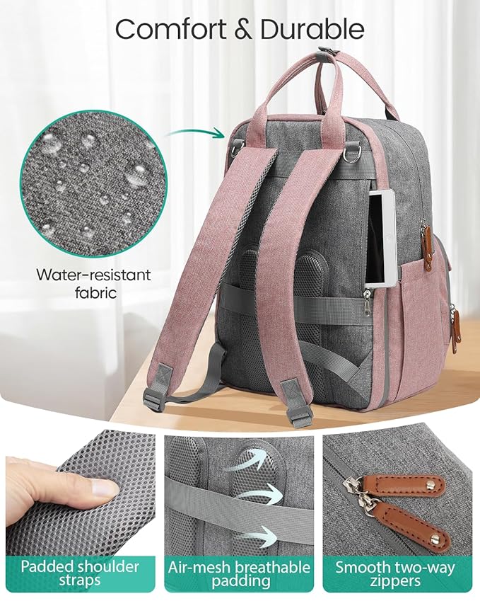 Qualyphant Extra Large Diaper Bag Backpack for Two Kids Twins - Expandable Baby Bag (26-36L), Dual Big Compartments - Includes Changing Pad & Stroller Straps, Unisex Pink Grey
