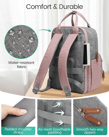 Qualyphant Extra Large Diaper Bag Backpack for Two Kids Twins - Expandable Baby Bag (26-36L), Dual Big Compartments - Includes Changing Pad & Stroller Straps, Unisex Pink Grey