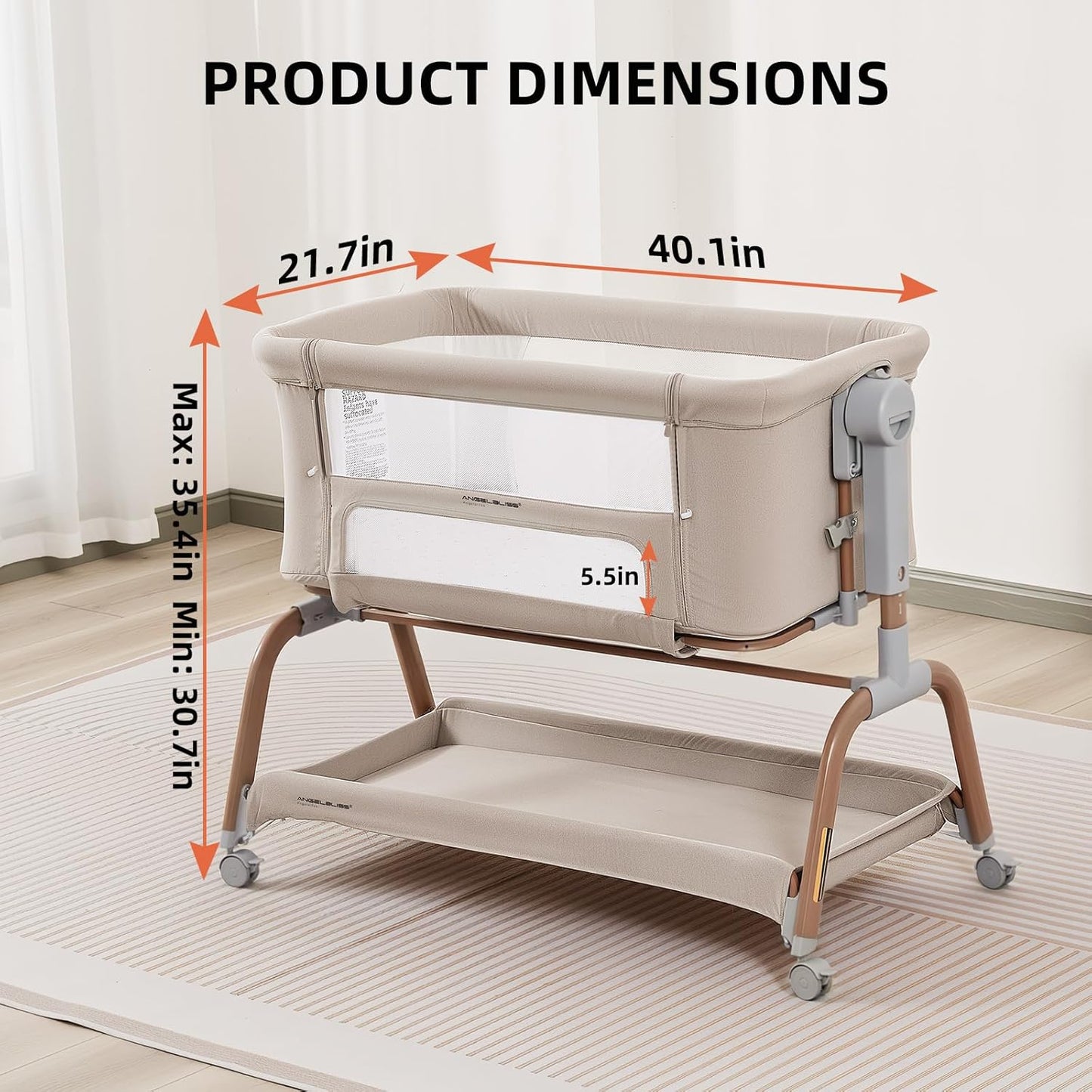 ANGELBLISS 3 in 1 Baby Bassinet, Rocking Bassinets Bedside Sleeper with Comfy Mattress and Wheels, 6 Height Adjustable Easy Folding Portable Bedside Crib for Newborn Infant (Khaki)