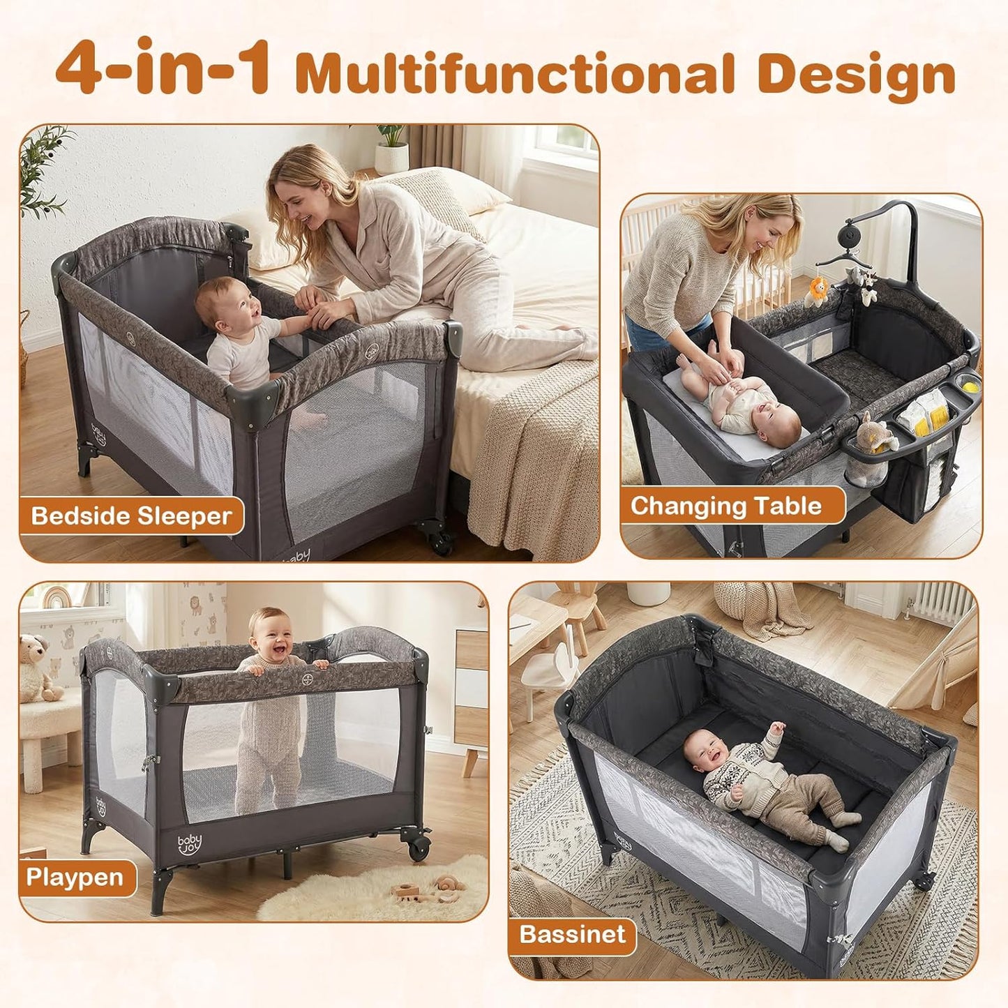 BABY JOY 5-in-1 Pack and Play, Baby Bedside Sleeper with Bassinet, Portable Baby Playard with U-Shaped Diaper Changer, Safety Strap, Multifunction Baby Bassinet Bedside Crib from Newborn to Toddlers