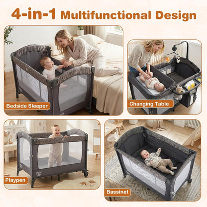 BABY JOY 5-in-1 Pack and Play, Baby Bedside Sleeper with Bassinet, Portable Baby Playard with U-Shaped Diaper Changer, Safety Strap, Multifunction Baby Bassinet Bedside Crib from Newborn to Toddlers