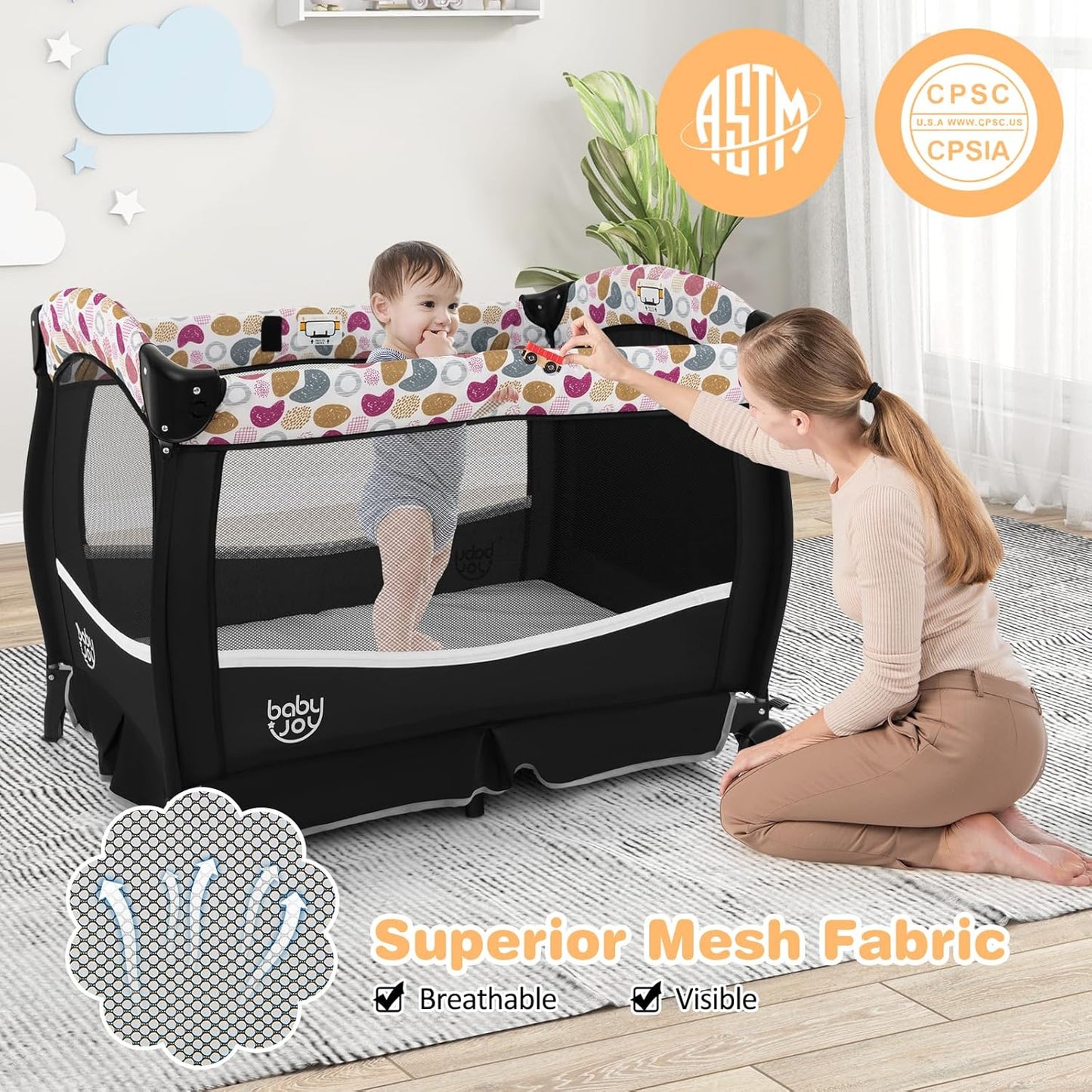 BABY JOY 4 in 1 Pack and Play, Portable Baby Playard with Bassinet & Flip-Away Changing Table, Canopy, Portable Bedside Crib with Storage Basket, Oxford Bag, Infant Bassinet from Newborn to Toddlers