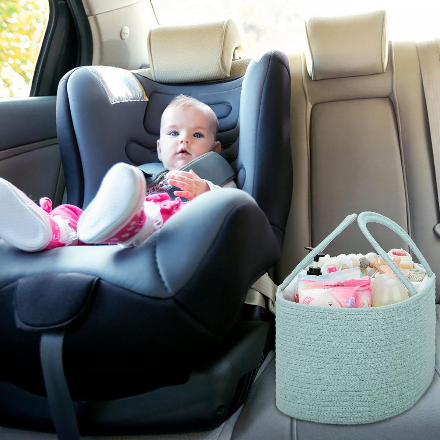 COMSE Baby Diaper Caddy Organizer, Car Caddy, Diaper Change Organizer, Gift Baskets Empty, Portable Tote Bag with Divider, Baby Shower Gifts Newborn Essentials Registry Must Have, Light pink