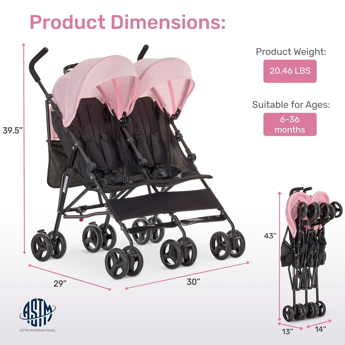 Dream On Me Twin Venture Umbrella Stroller in Pink, Multi Backrest Positions, Adjustable & Removable Canopy Double Stroller, 360°Swivel Wheels with Locks