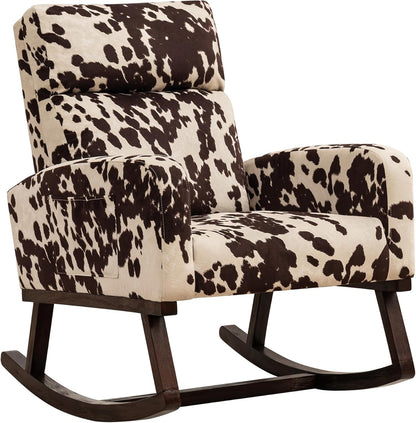 Rocking Chair Nursery, Upholstered Nursing Rocker Chair for Mom with High Backrest and Side Pockets for Bedroom Living Room, Beige