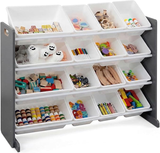 Humble Crew Toy Storage Organizer with 16 Removable Storage Bins for Kids Playroom, 4-Tier Toddler Toy Organization and Storage, Dark Grey/White
