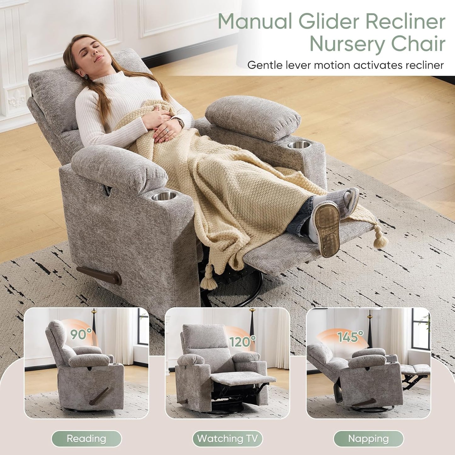 Rocking Chair Nursery with Adjustable Armrest for Breastfeeding, Glider Recliner Nursery Chair with Massage and Heat, Power Swivel Rocker Recliner with Adjustable Headrest, Corduroy, Beige