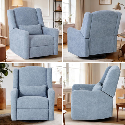Power Glider Recliner Nursery Chair w/USB Ports, Soft Chenille Glider Rocking Chair with Ottoman, Swivel Glider Chair with Lumbar Pillow for for Nursery, Blue