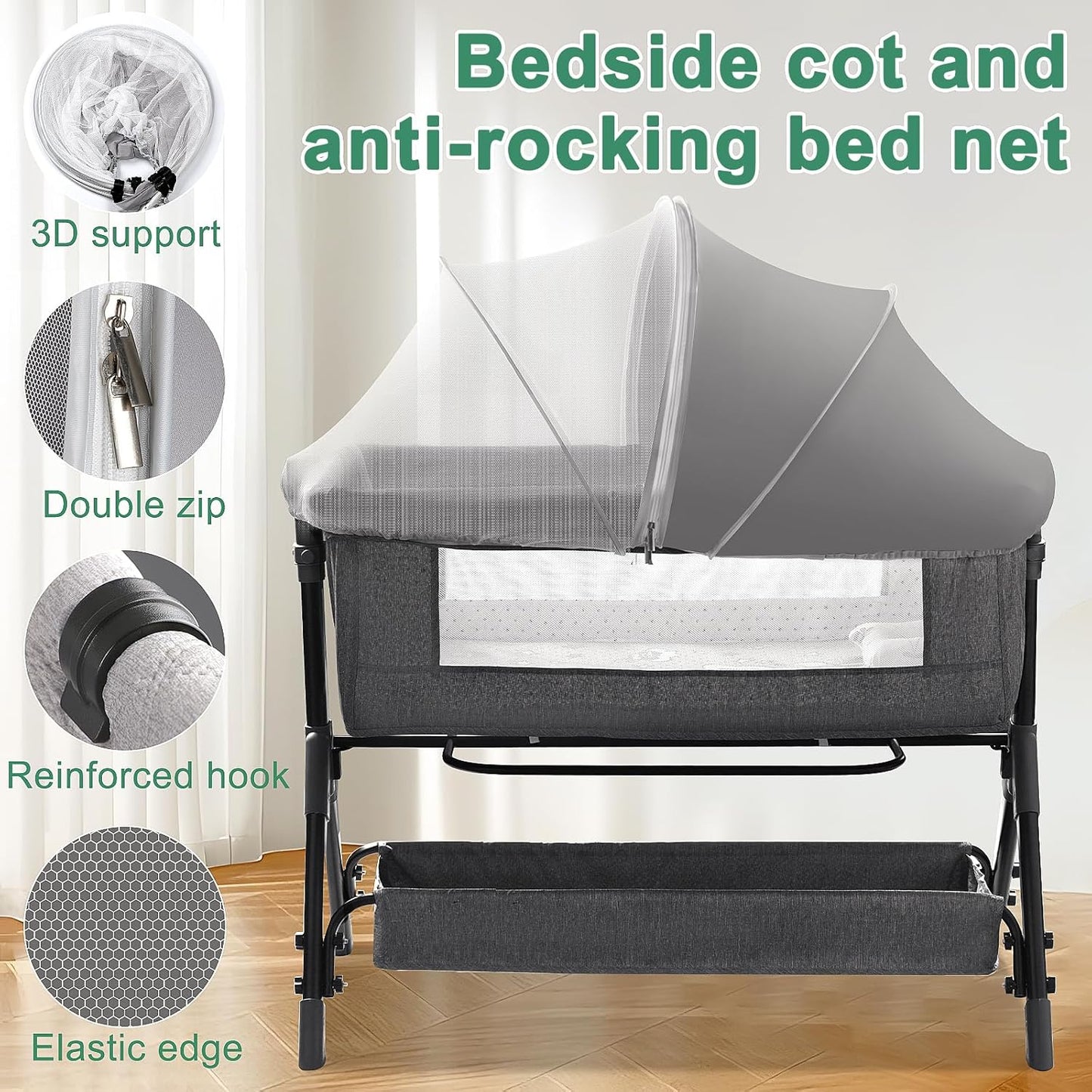 Bassinet Cover for Cats - Blackout Breathable Mosquito Net for Baby Bedside Sleepers & Travel Cribs, 2-Way Zipper Bug Canopy Tent to Block Light & Keep Cats Out (Black-Small)