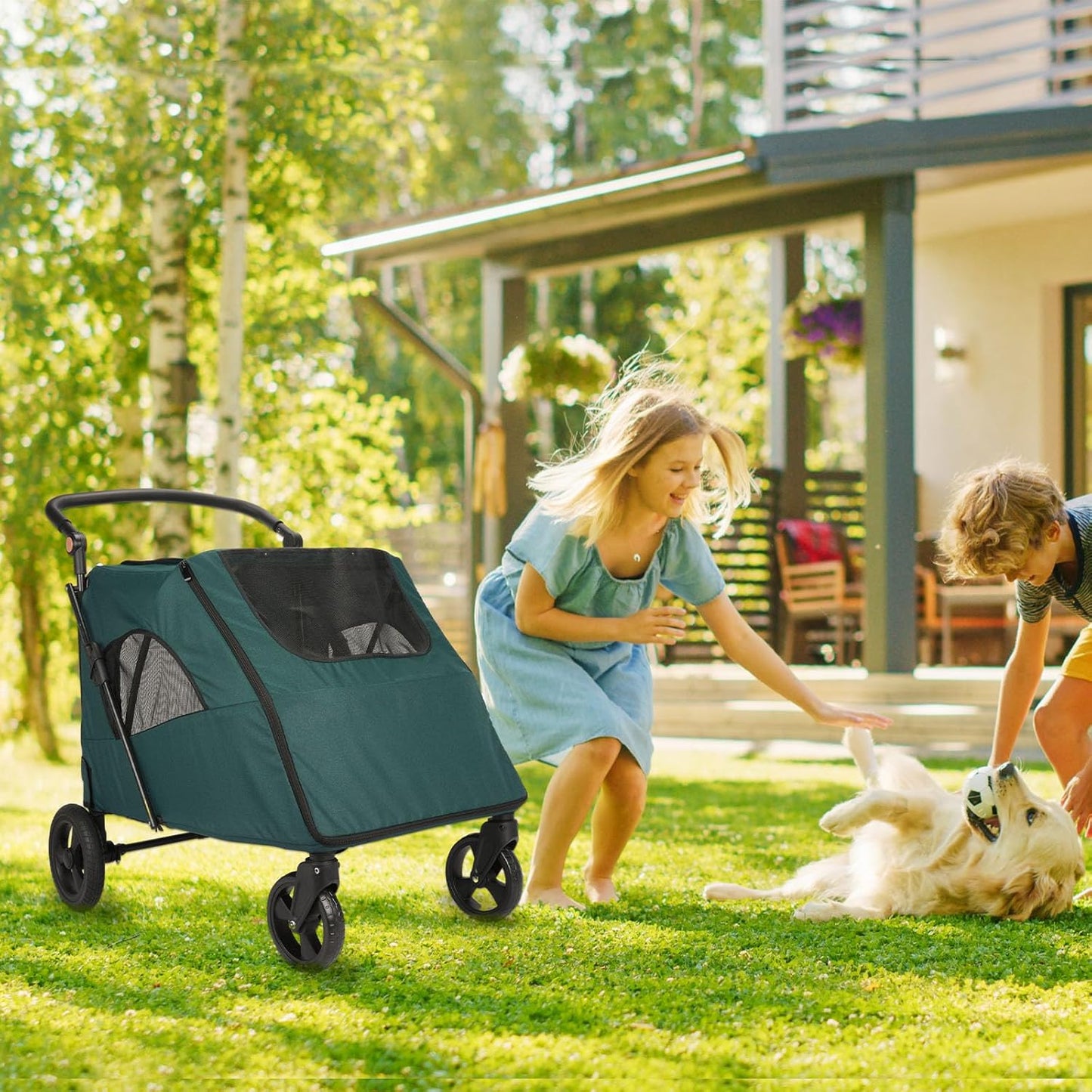 Large Dog Travel Stroller with 4 Heavy Duty Wheels Pet Stroller with Adjustable Handle - Double Doggie Capacity Jogger Wagon with Back Front Door for Small Medium Large Dogs (Dark Light Gray)