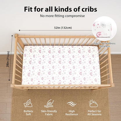 Baby Mini Crib Sheets Girl, Portable 38”x26” Pack and Play Sheets Fitted for Playard and Pack N Play Mattress, 3-Pack Soft Microfiber Pink Rainbow