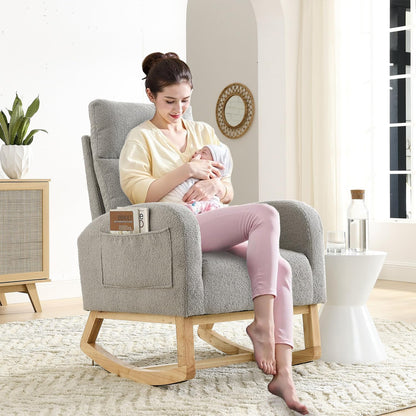 Rocking Chair Nursery, Glider Chair with High Back and Side Pocket, Solid Wood Frame Armchair with Non-Slip Padding for Nursery, Living Room, Bedroom (Ivory)