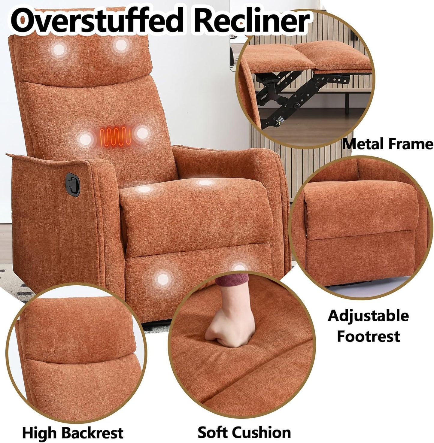 Massage Chair Recliner with Heat, Swivel Rocking Chair Recliner with High Back, Manual Nursery Recliners for Adults,Small Recliner Chair for Small Spaces, Living Room Bedroom, Fabric (Blue Green)
