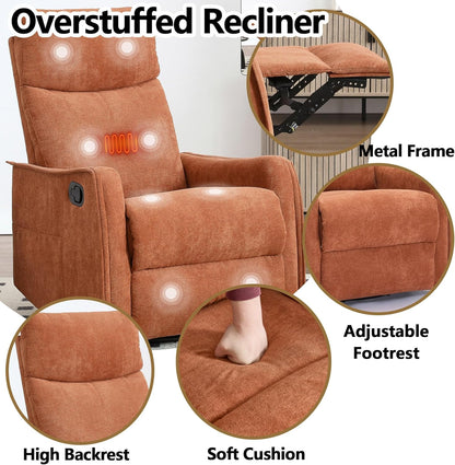 Massage Chair Recliner with Heat, Swivel Rocking Chair Recliner with High Back, Manual Nursery Recliners for Adults,Small Recliner Chair for Small Spaces, Living Room Bedroom, Fabric (Blue Green)