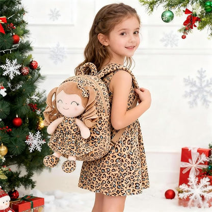 Gloveleya Toddler Backpack Baby Girl Gifts Curly Hair Plush Figures Dress Backpack Kids Backpack Curly Hair Spring Girl - White Leopard 9inches