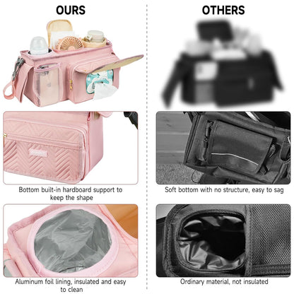 Universal Stroller Organizer with Insulated Cup Holders,Large Capacity Non-Slip Stroller Caddy Bag Fits for Uppababy/Doona/Jogger/Britax/Mompush/BoB with Anti-Sag Hard Bottom and Wet Wipes Pocket