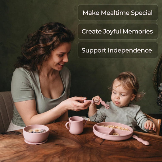 BPA-Free Silicone Baby Feeding Set – Baby Utensils 6–12 Months, Suction Plate & Bowl, Cup, Bib & Training Spoons | Food Grade Silicone, Dishwasher Safe Baby Eating Set