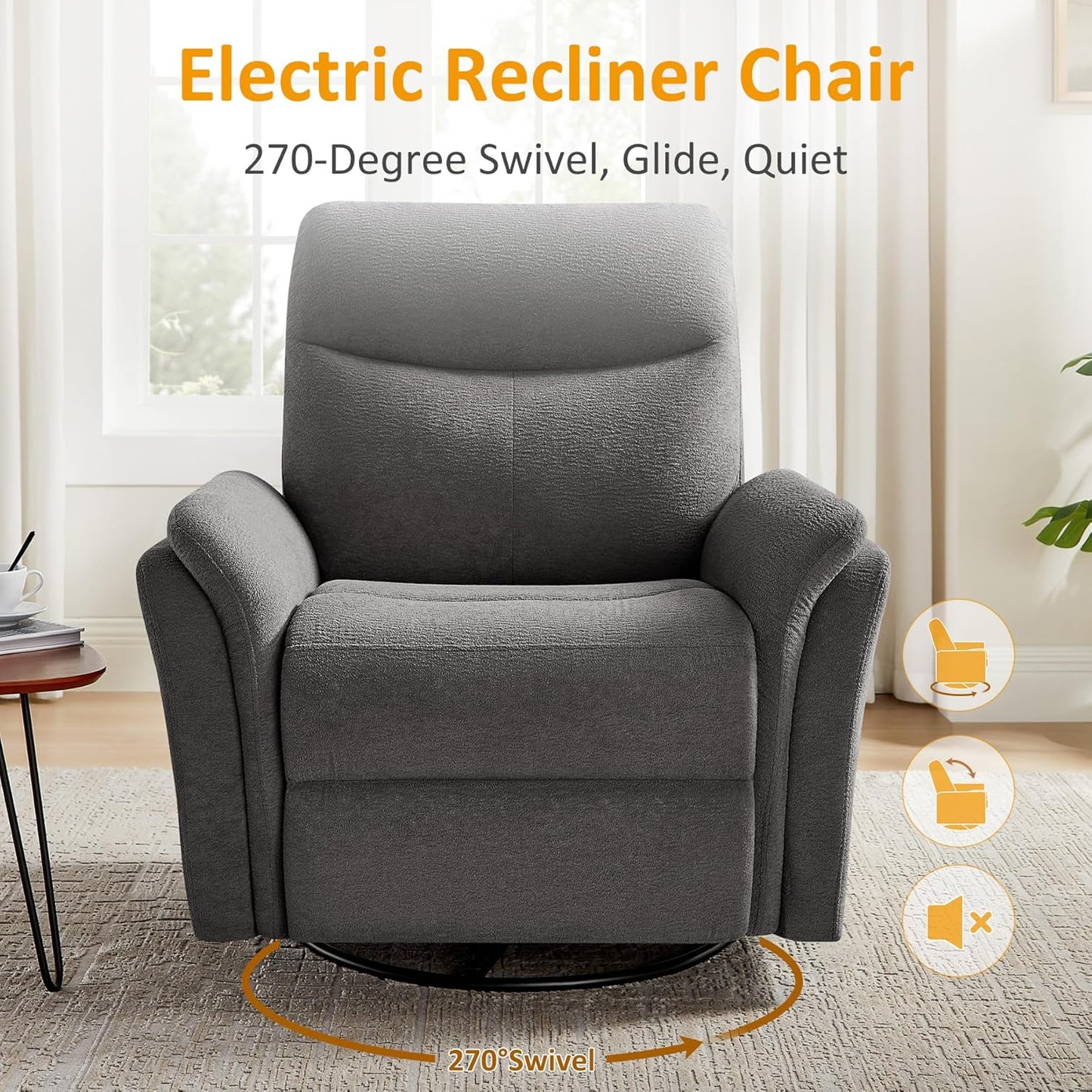 VANOMi Power Recliner Chair Swivel Glider, Electric Rocking Recliner Chairs with USB and Type-C Ports, Nursery Chair Recliner for Living Room, Bedroom, Apartment（Camel）