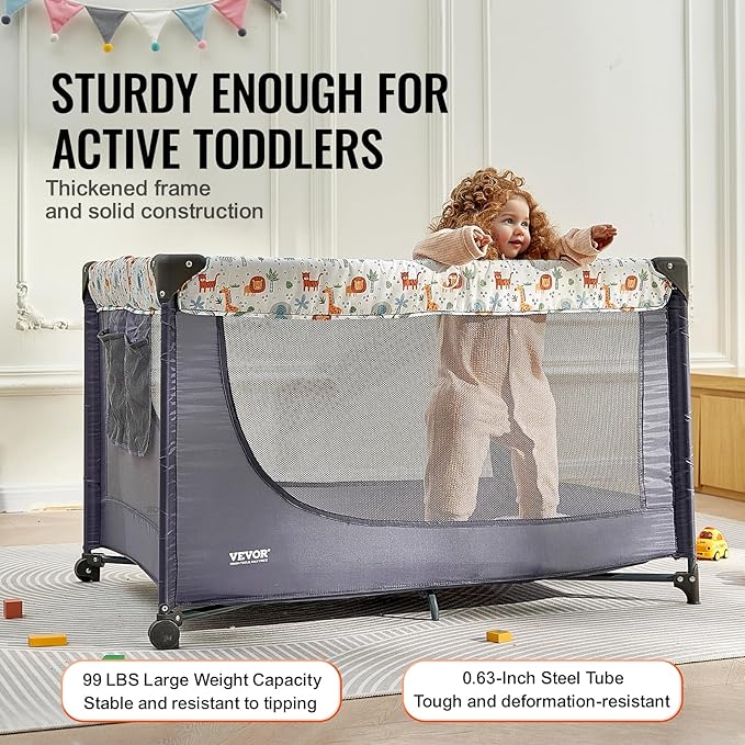 VEVOR Baby Travel Crib and Play Yard, Folding Baby Playpen with Soft Mattress Pad, Portable Toddlers Crib with Breathable Mesh and Travel Bag, Indoor/Outdoor Kid Activity Center for 0-36 Months Babies