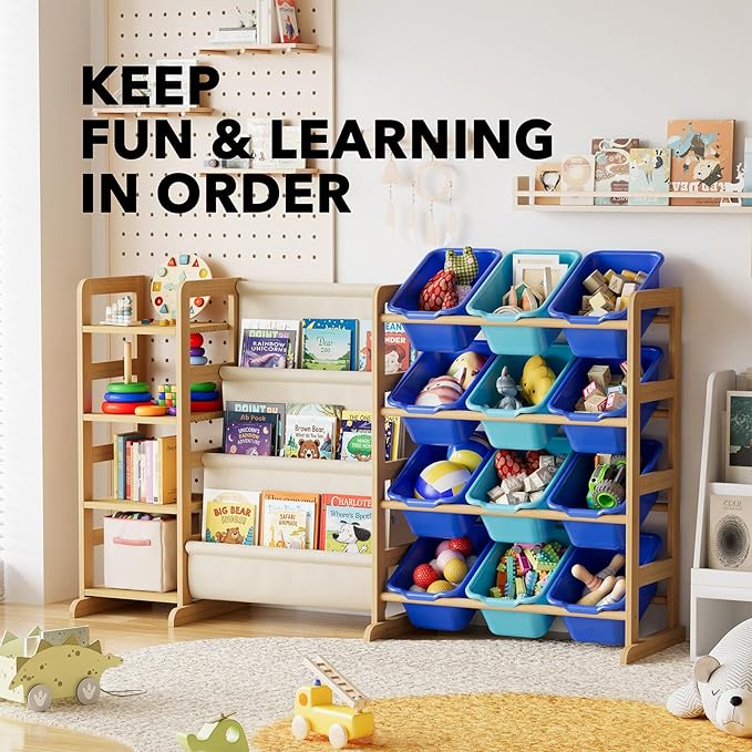 SpaceAid 3-in-1 Toy Storage Organizer with 4 Shelves and 12 Bins, Toy Organizers Storage 3-Tier Bookshelf, Kids Bin Shelf Box Bookcase for Bedroom Playroom Organization Room Decor, Blue and Navy Blue