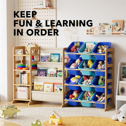 SpaceAid 3-in-1 Toy Storage Organizer with 4 Shelves and 12 Bins, Toy Organizers Storage 3-Tier Bookshelf, Kids Bin Shelf Box Bookcase for Bedroom Playroom Organization Room Decor, Blue and Navy Blue