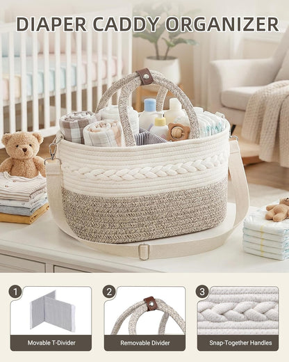 Baby Diaper Caddy Organizer With Handle, Cotton Rope Baby Shower Basket, Large Diaper Caddy with Shoulder Straps for Newborn Parents, Home and Car Travel, 14.5"x8.5"x7.5