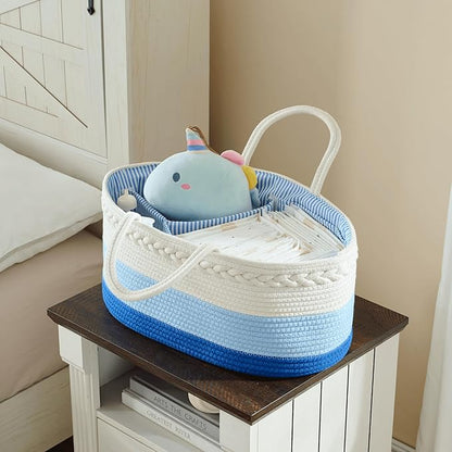 luxury little Diaper Caddy Organizer, Large Cotton Rope Nursery Baby Basket, Changing Table Organizer for Baby Diaper Storage, Portable Car Organizer Removable Divider (Blue, Large)