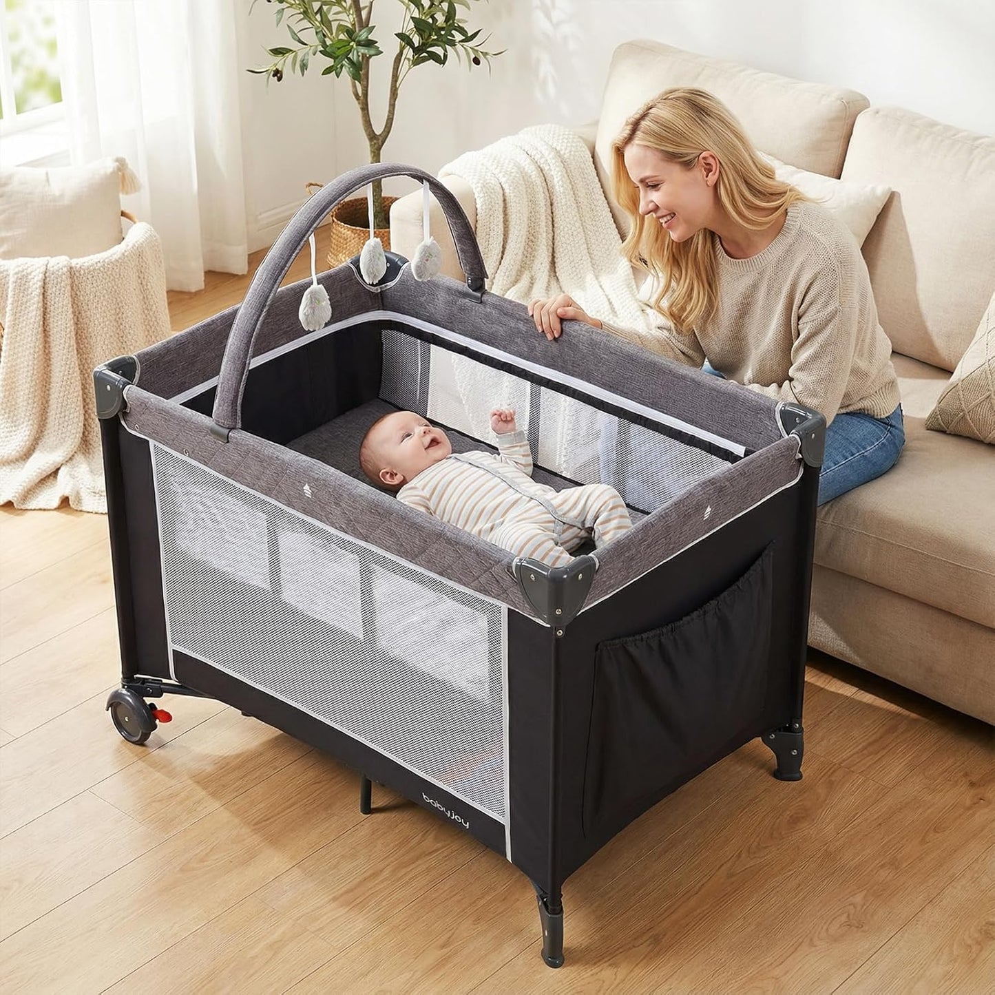 BABY JOY 3 in 1 Pack and Play, Travel Baby Crib Bassinet Bed with Bassinet, Changing Table with Safety Belt, Toy Bar, Lockable Wheels, Portable Baby Playard from Newborn to Toddler