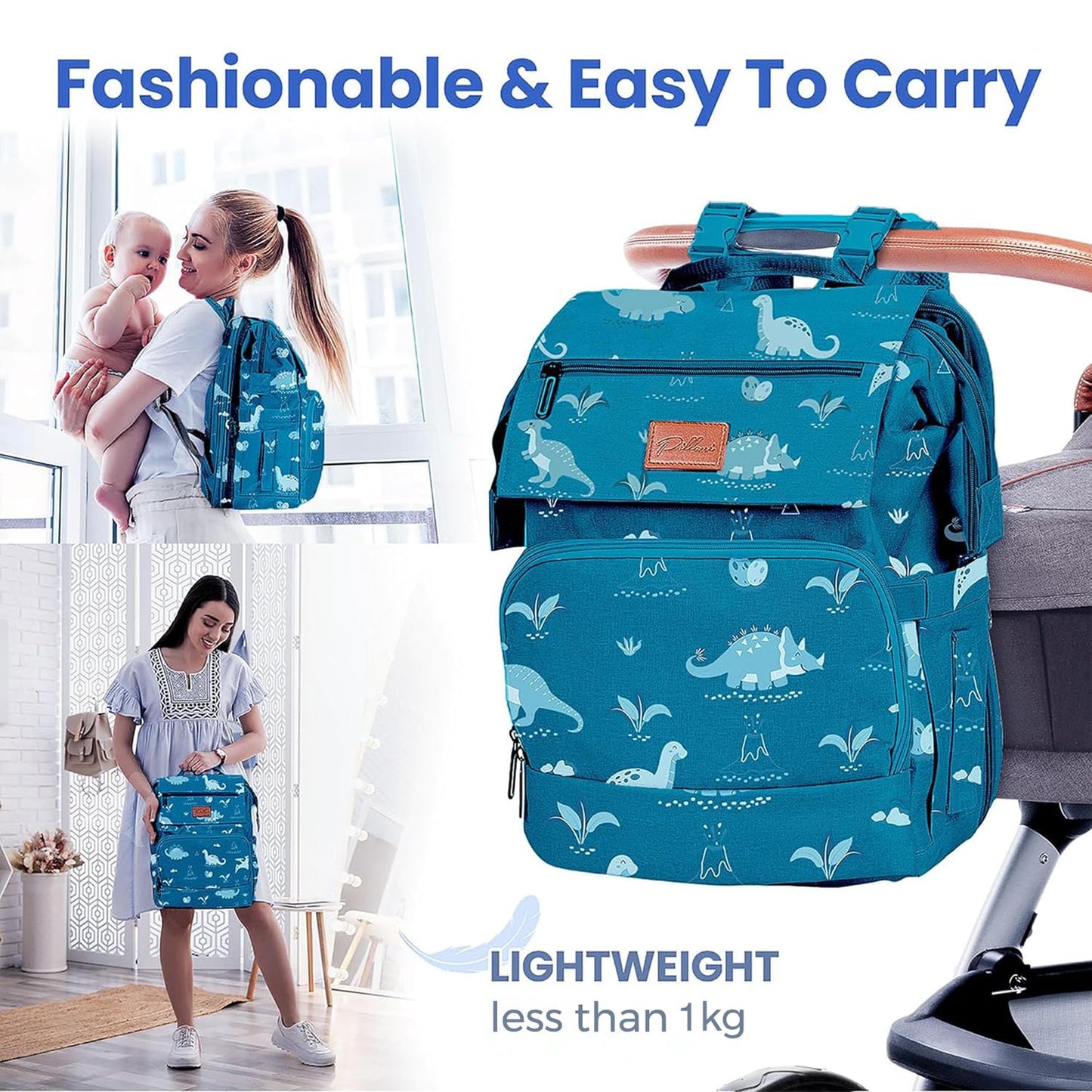 PILLANI Baby Diaper Bag Backpack - Large Waterproof Travel Diaper Bag for Boys & Girls, 16 Organizer Pockets with Changing Pad, Insulated Bottle Pockets & Stroller Straps, Baby Shower Gifts, Dinosaur
