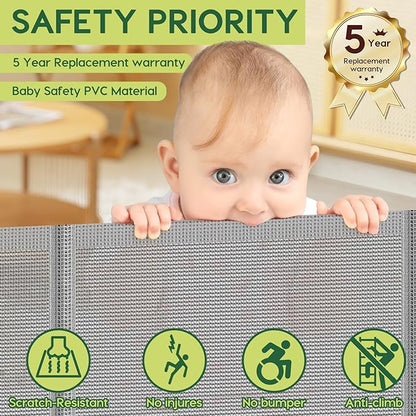 Reinforced 55" Wide Retractable Dog Gate with Support Rods, 33" Tall Retractable Baby Gate for Dogs, No Sag and Wrinkle Mesh Child Gates for Doorways, Indoor Pet Barrier Stair Gates for Kids, Gray