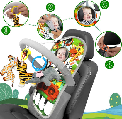 Car Seat Toys for 6-12 Months - Musical Pedal Piano with Baby Mirror, Squeaky Sensory Soft Animal Toys for Rear Facing Carseats