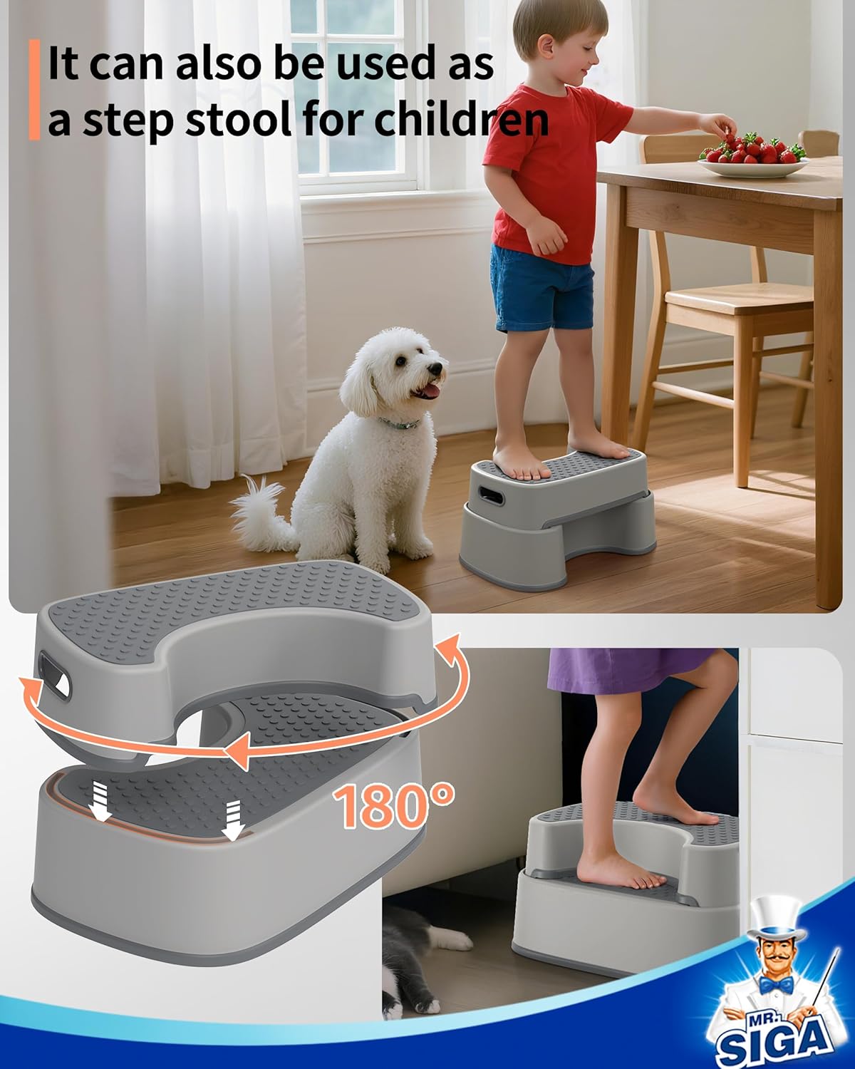 MR.SIGA Toilet Stool Squat Adult, Bathroom Stool Heavy Duty, Anti Slip Toilet Step for Bathroom, Toddler Step Stool for Kids, Off-White & Dark Gray