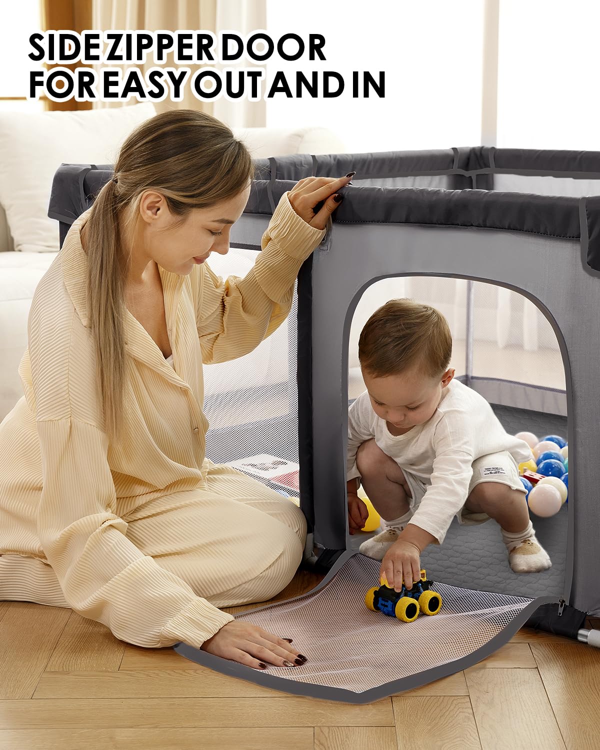 Baby Playpen with Mat, 71" x 59" Extra Large Play Yard for Babies and Toddlers, Baby Fence with Soft Thick Play Mat, Indoor Safety Activity Center for Infants, Easy to Assemble and Clean（Gray）