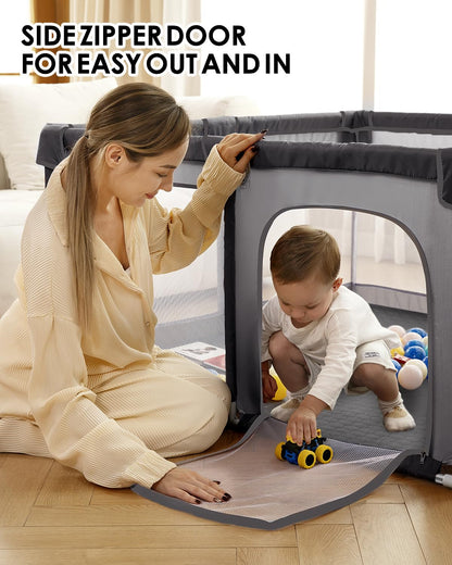 Baby Playpen with Mat, 71" x 59" Extra Large Play Yard for Babies and Toddlers, Baby Fence with Soft Thick Play Mat, Indoor Safety Activity Center for Infants, Easy to Assemble and Clean（Gray）