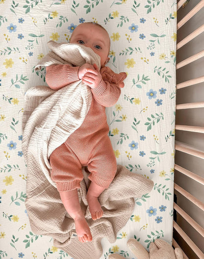 Muslin Bedside Bassinet Sheets 2 Pack, 33x20 Fitted Ultra Soft & Breathable Bedside Sleeper Sheets, Ideal for Baby Girl and Boy, Perfect for Newborns (Hopping Bunnies & Beige)