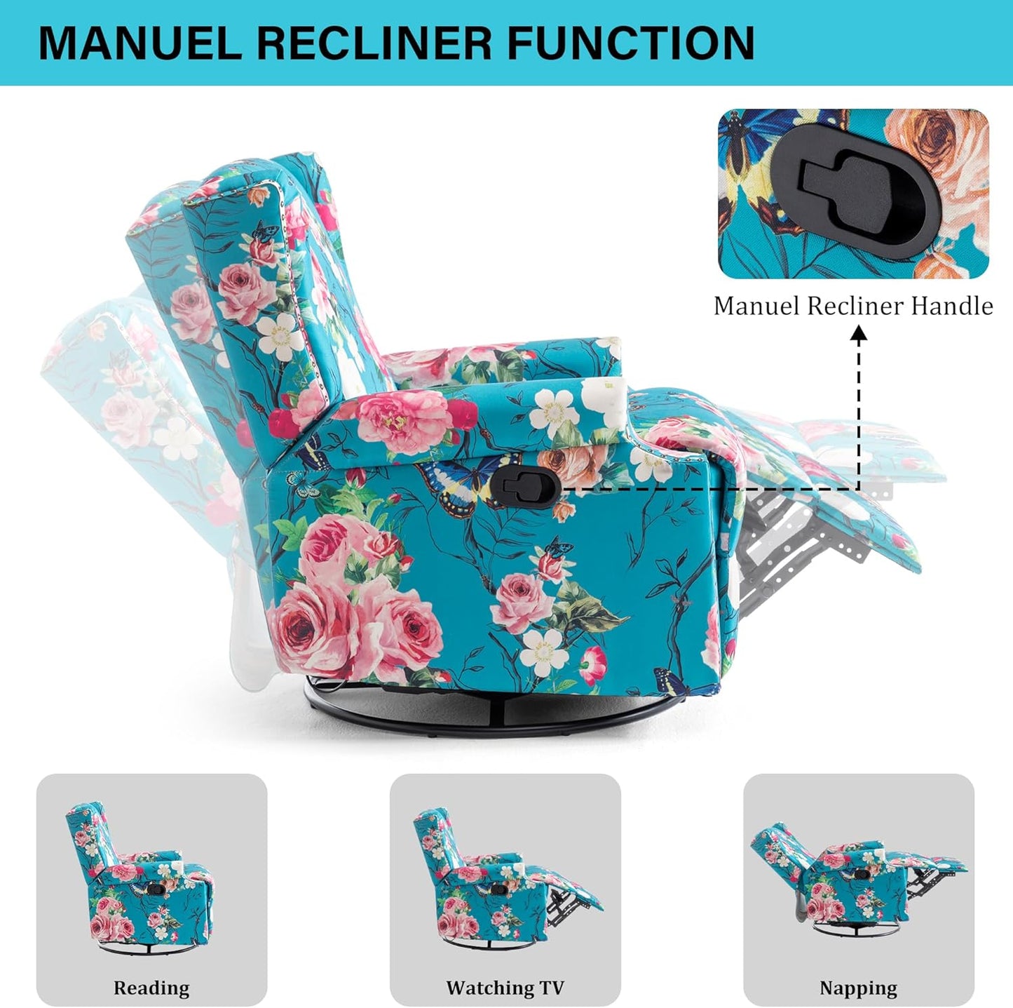 Swivel Rocker Recliner Chair, Manual Nursery Glider Recliner, Floral Fabric Wingback Accent Chair with Adjustable Backrest & Footrest for Small Spaces Living Room Bedroom (Plants Floral, Set of 1)