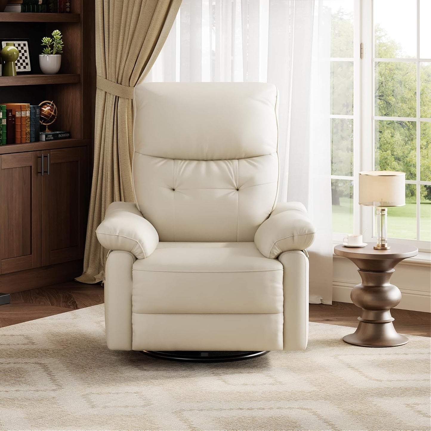 Garvee Power Recliner Chair with 270° Swivel and Rocking, Electric Glider Nursery Chair with USB Charging Port, PU Leather Upholstery and Button Tufted Backrest for Living Room, Cream