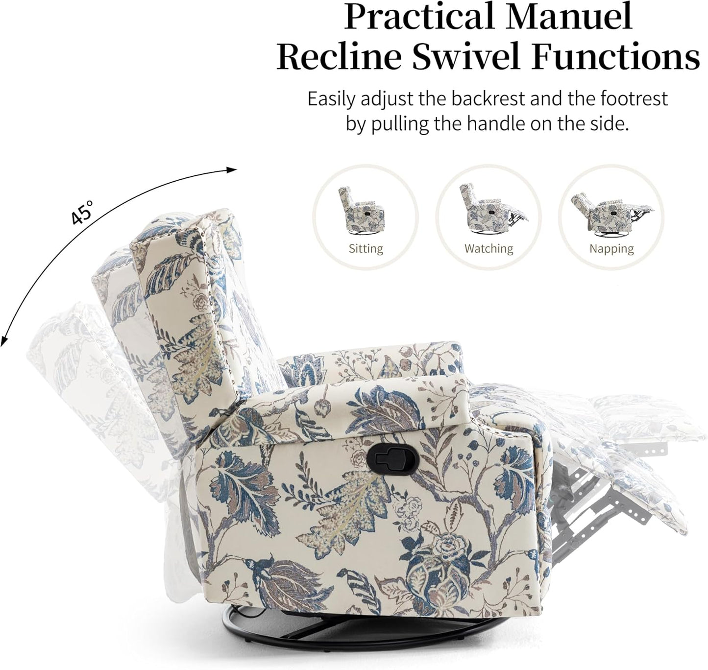 Swivel Rocker Recliner Chair, Manual Nursery Glider Recliner, Floral Fabric Wingback Accent Chair with Adjustable Backrest & Footrest for Small Spaces Living Room Bedroom (Plants Floral, Set of 1)