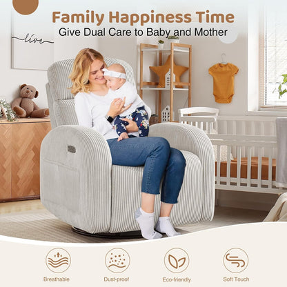 Nursery Glider Recliner, Power Swivel Rocking Recliner with USB & Type-C Port, Swivel Nursering Reclining Rocker with Double Pockets for Living Room, Camel Chenille